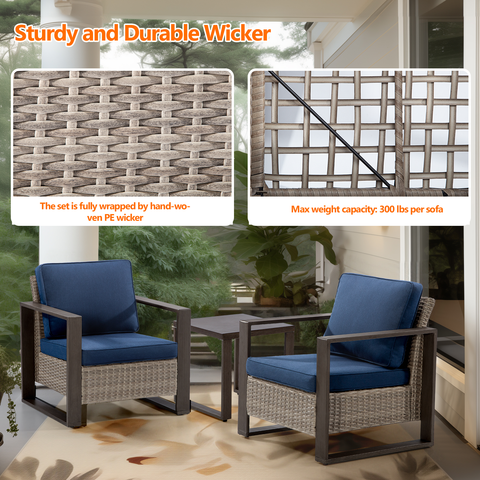 MeetLeisure Outdoor Wicker Metal Chairs Set of 2 with Side Table, 3 Pieces Patio Bistro Set with Removable Olefin Cushions & Wood-Looking Metal Armrest, Dark Blue