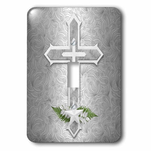3dRose, Christian Cross in Silver and White with Star and Fern Leaves, single toggle switch