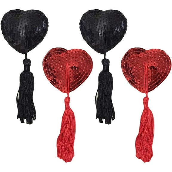 XD2-2 Pairs Heart Shaped Nipple Covers Reusable Sexy Breast Pasties Adhesive Breast Stickers Sticky Bra with Sequin Tassel Black and Red*2