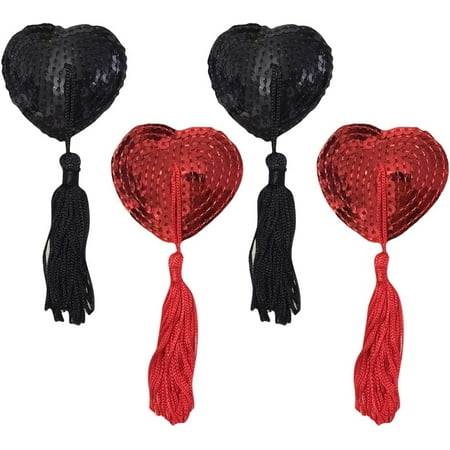 XD2-2 Pairs Heart Shaped Nipple Covers Reusable Sexy Breast Pasties Adhesive Breast Stickers Sticky Bra with Sequin Tassel Black and Red*2