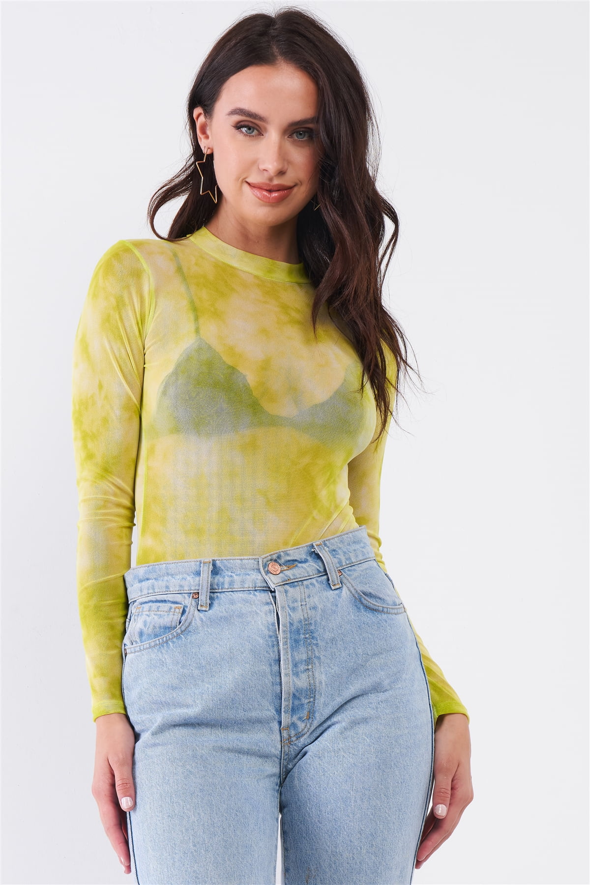 Neon Green Sexy Sheer Mesh Long Sleeve 