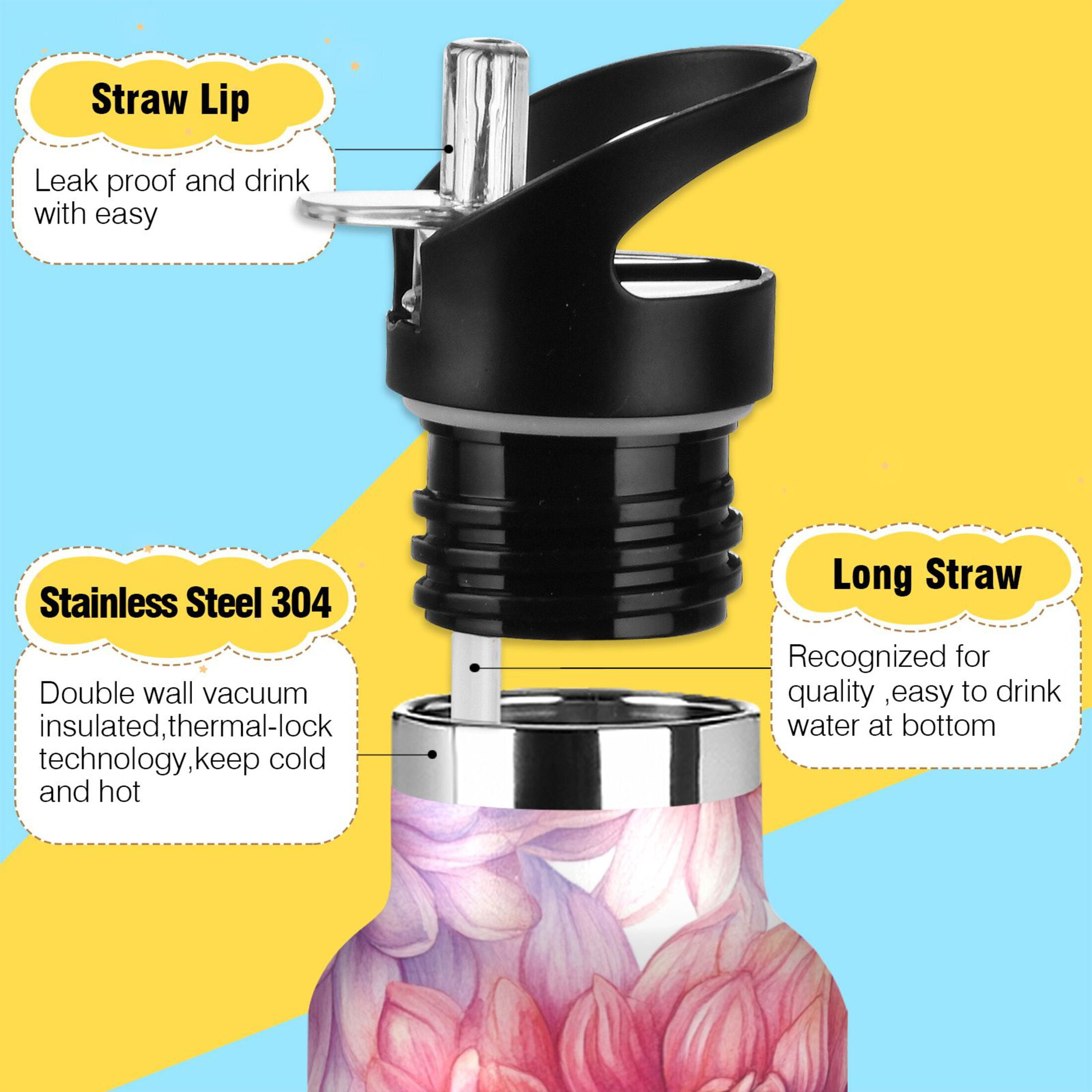 600ML Stainless Steel Insulated Cup Sports Water Bottle Portable Thermos Cup Water Glasses Insulated Tumblers Convenient and Durable Chrysanthemums Purple