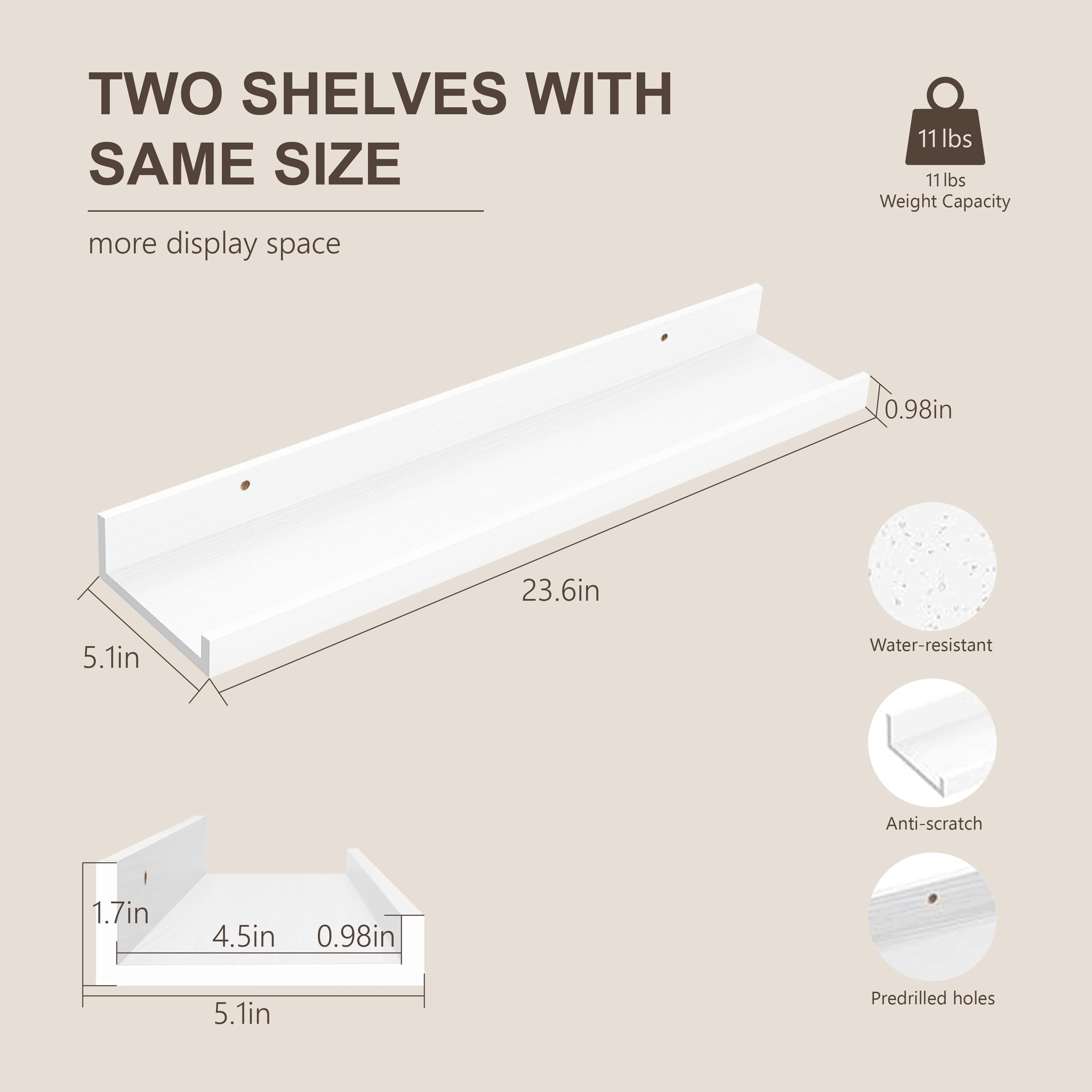 Mifurn 23.6'' Wood Floating Shelves for Wall Picture Ledge Shelves, Set of 2, White