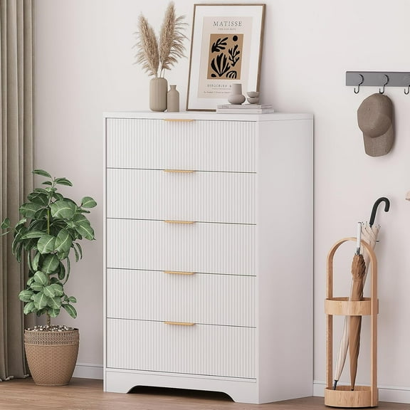 5 Drawers Dresser Modern Tall Chest of Drawers with 5 Smooth Slides Drawers & Gold Metal Handles, Wood Storage Cabinet for Living Room, Closet, Entryway, Hallway