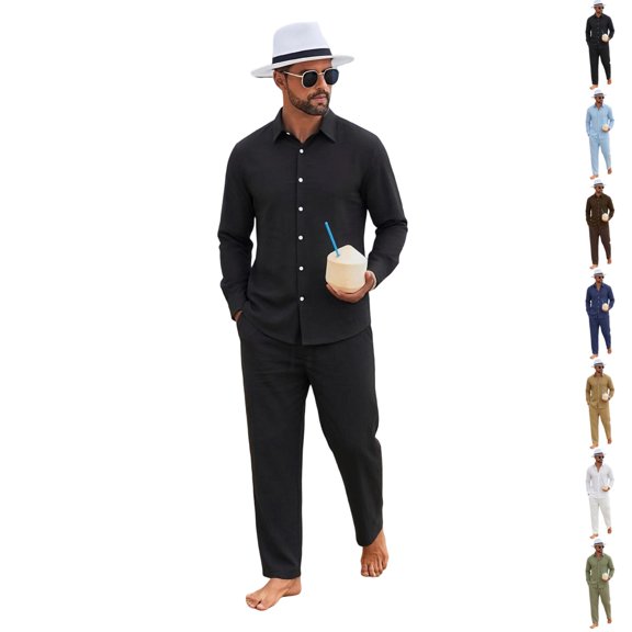 GrmtClth Linen Blend 2 Piece Outfit Sets For Men Cuban Collar Long Sleeve Button Shirt Elastic Drawstring Waist Straight Trousers Cool Breathable Casual Beach Wear Set Black XL