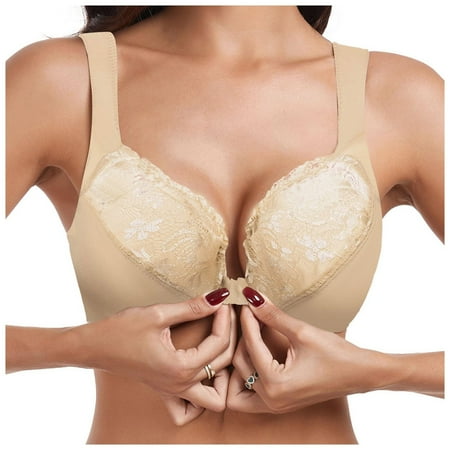 Mepaouo Women s Front Closure Bras Plus Size Lace Full Coverage T-Shirt Underwire Unlined Bra(Beige XL)