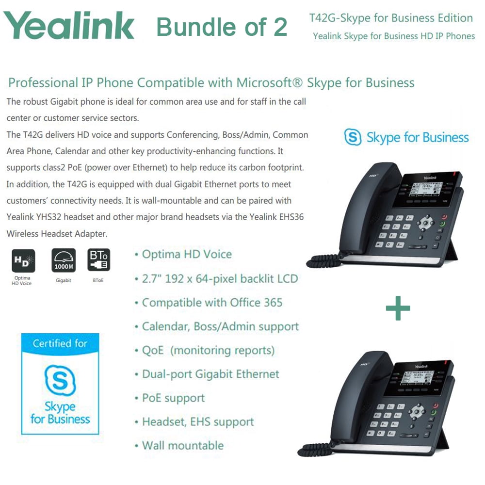 Yealink T42G-SFB Bundle of Phone Dual Gigabit, Skype for Business BToE, PoE - Walmart.com