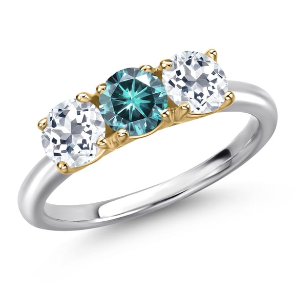 Gem Stone King 925 Silver and 10K Yellow Gold Blue Moissanite and White Topaz Engagement Ring for Women | 1.70 Cttw | Round 5MM | Gemstone Birthstone | Size 6