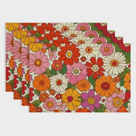 

Shiartex Flowers Colorful Pattern 4-Piece Linen Indoor Outdoor Table Placemat Set for Birthday Parties Christmas Restaurants and Buffets 18x12in