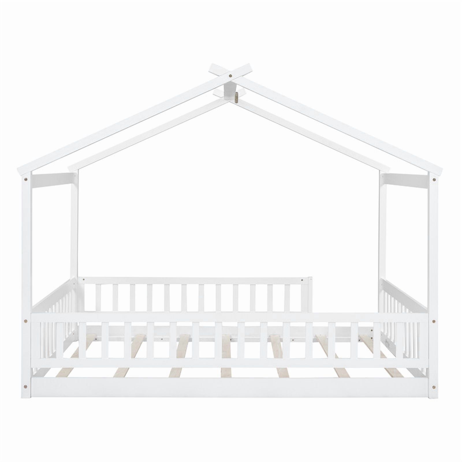 Full Size Wood House Bed with Fence and Roof Frame, Kids Floor Montessori Bed with Safety Guardrails, Sturdy Pinewood Playhouse Bed for Boys Girls