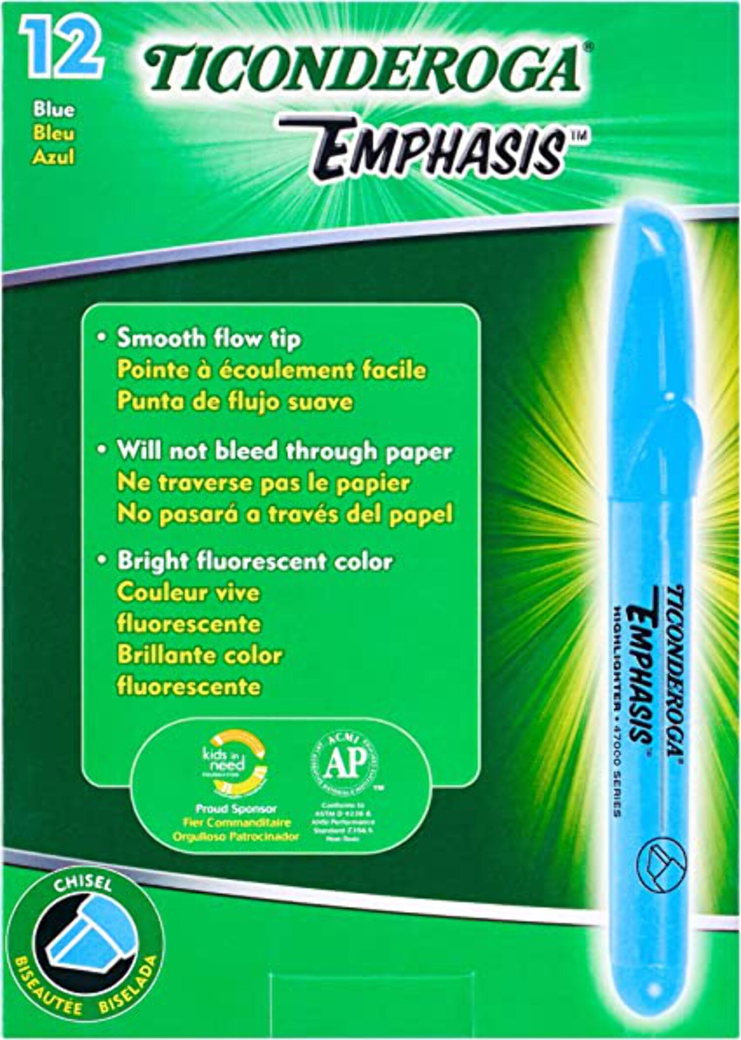 Ticonderoga Emphasis Highlighters, Desk Style, Chisel Tip, Blue, Pack of 12