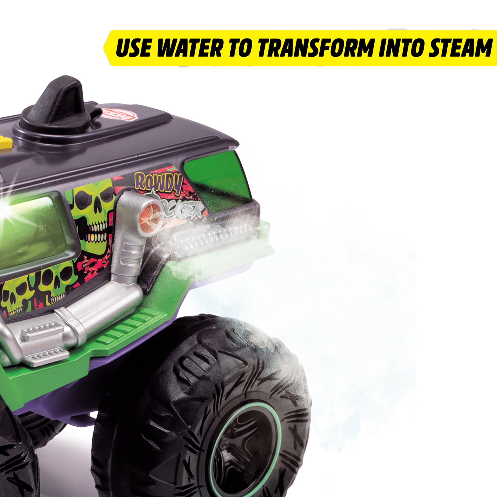 Dickie Toys: Rowdy Rocker Monster Truck – Green & Purple - 9.8" Light & Sound Freewheel Toy Vehicle, Smoking Effect, Suspension, Rubber Tires, Kids 3+