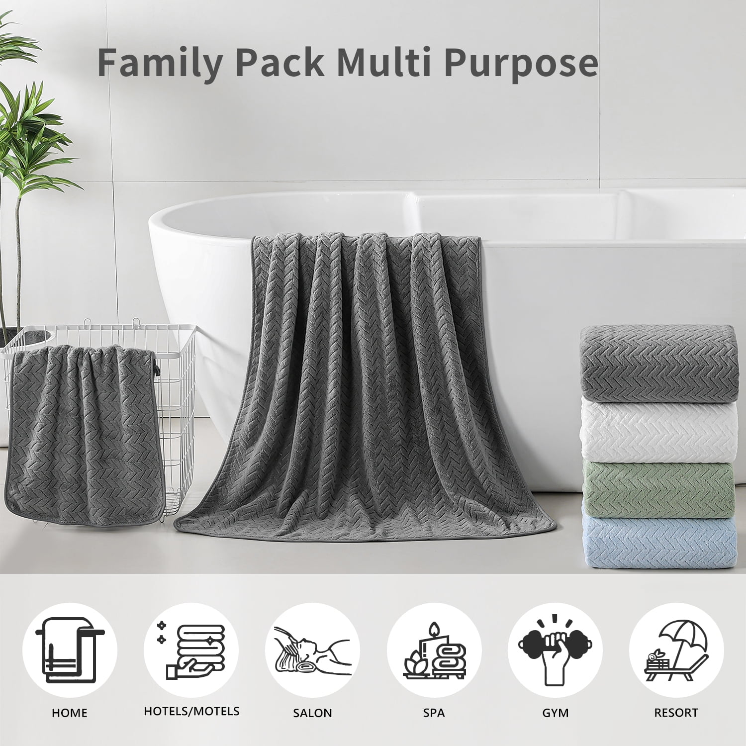 Covina Home 8-Pack Dark Grey Bath Towel Set, Oversized Ultra Soft Microfiber Bathroom Towel Set Adult Luxury Lightweight Cozy Collection