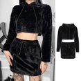thumbnail image 5 of Black Conjunto de trajes de piel sintética de 2 piezas gótico punk para mujer, sudaderas con capucha con orejas de oso lindas, sudadera recortada con cordón, minifalda de cintura a, 5 of 5
