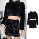 thumbnail image 5 of Black Conjunto de trajes de piel sintética de 2 piezas gótico punk para mujer, sudaderas con capucha con orejas de oso lindas, sudadera recortada con cordón, minifalda de cintura a, 5 of 5