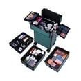 thumbnail image 4 of Draw-Bar Style Aluminum Rolling Makeup Case, 4-in-1 Large Capacity Trolley Makeup Travel Case with Locks & Swivel Wheels, Portable Cosmetic Case, Salon Barber Case Traveling Cart Trunk, Dark Green, 4 of 9