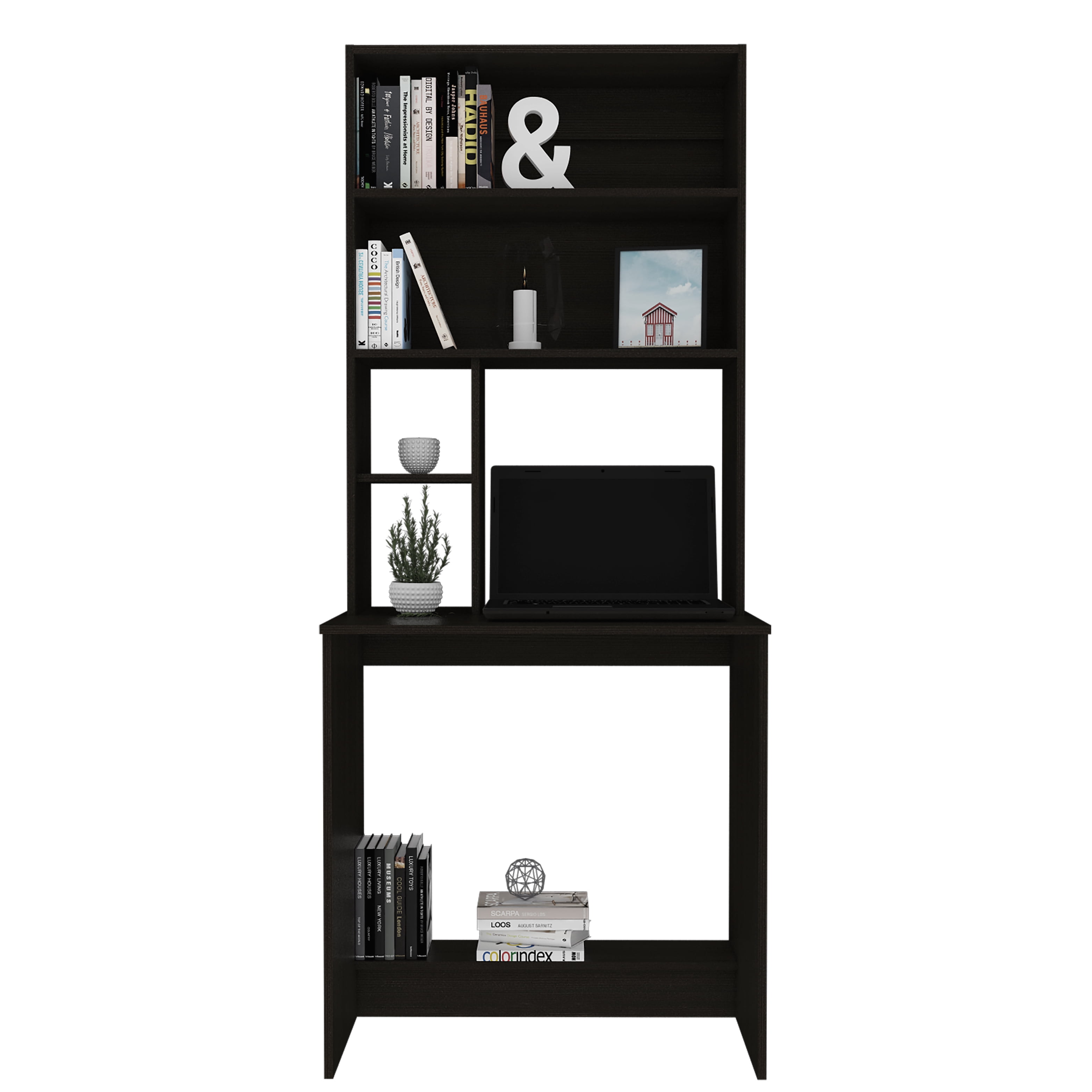 Astoutdoor Compu Hutch Desk with Four Shelves, Writing Desk, One Lower Shelf - Black