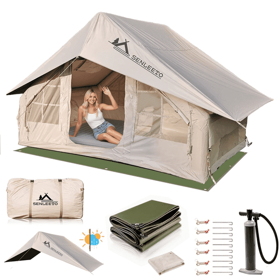 Inflatable Camping Tents 2-4Person,67.8 Square Feets Large Inflatable Camping Tent with Stove Jack,Blow up Tent with Mesh Windows & Pump
