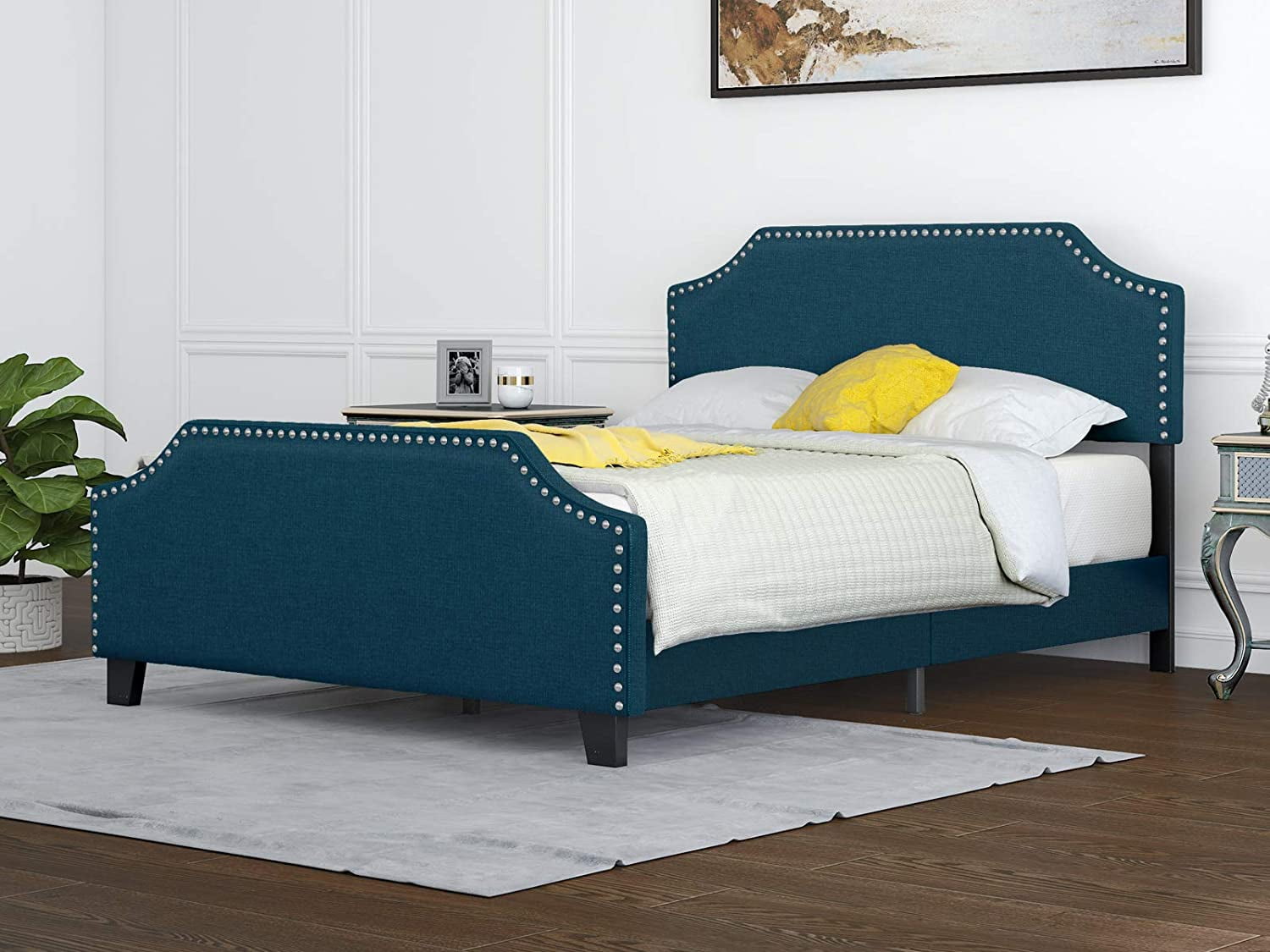 mecor Upholstered Linen Queen Platform Bed Frame Mattress Foundation