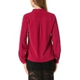 thumbnail image 4 of INSPIRE CHIC Women's Tie V Neck Contrast Piped Long Sleeves Work Solid Blouse Top Burgundy L, 4 of 7