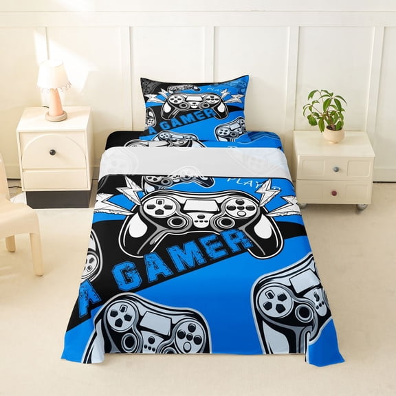 Erosebridal Boys Gamer Twin Sheet Sets, Video Game Controller Bedding, Blue, 1 Flat Sheet, 1 Fitted Sheet and 1 Pillowcase