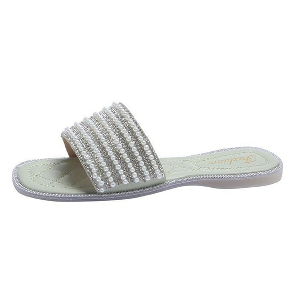 Samickarr Summer Slippers For Women Indoor And Outdoor Wide Summer New Fashion Solid Color Sequin Pearl Women's Slippers Flat Sandals