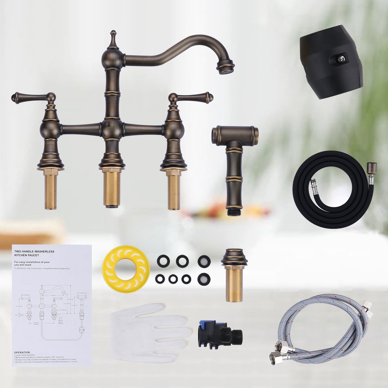 Wowow Double Handle 8 Inch Centerset Bridge Kitchen Faucet with Side Sprayer,Solid Brass Kitchen Faucet in Antique Bronze
