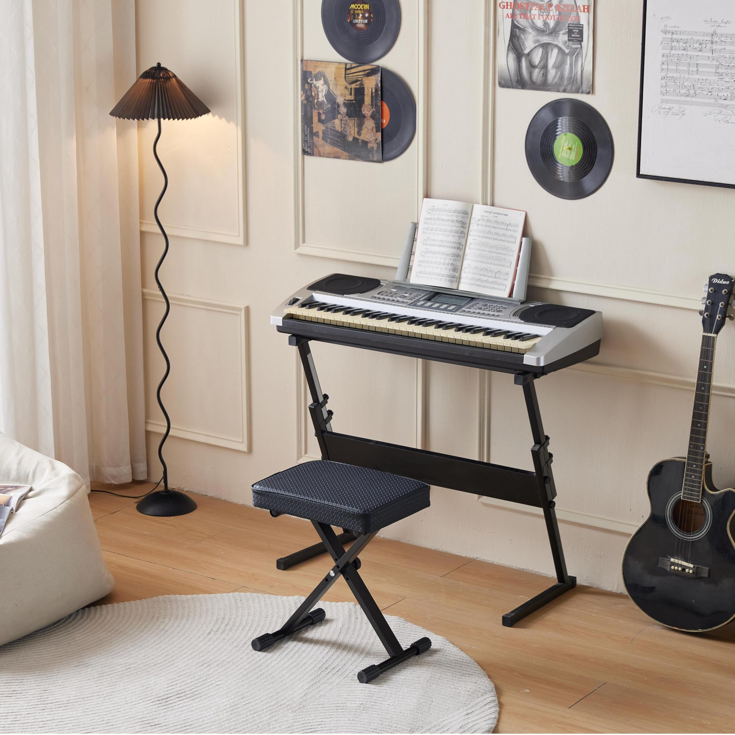Adjustable Piano Bench  Waterproof Synthetic Leather Padded Stool X-style With 2.4 Inch Thicken Soft Cushion Keyboard For Keyboards Guitar 9.1"x12.2"x20" Black
