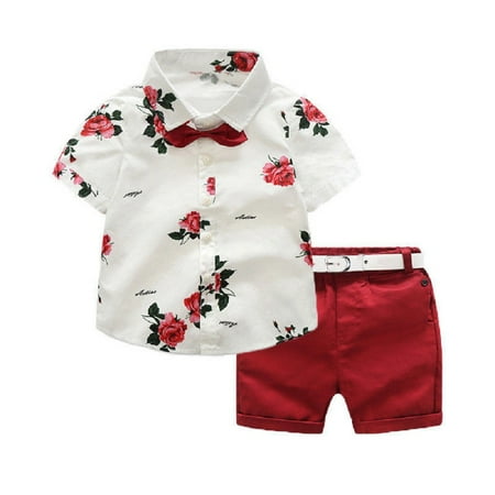 

Baby Boy Floral Shirt Short Sleeves Tops Red Shorts Outfits Clothes Gentleman Suit