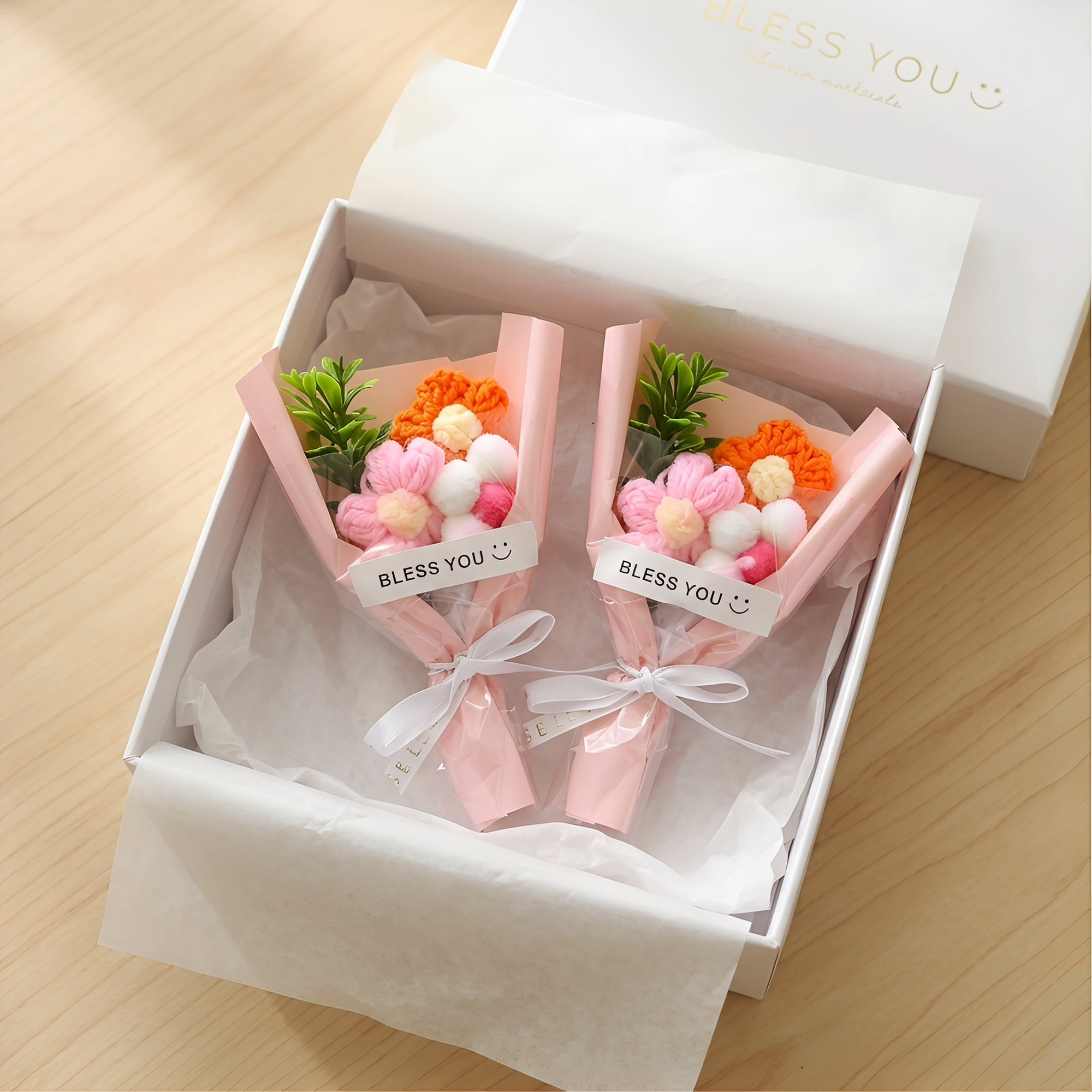 Unique Bargains 4Pcs Handmade Crochet Potted Flowers Knitted Bouquet Pink Red 5.9in