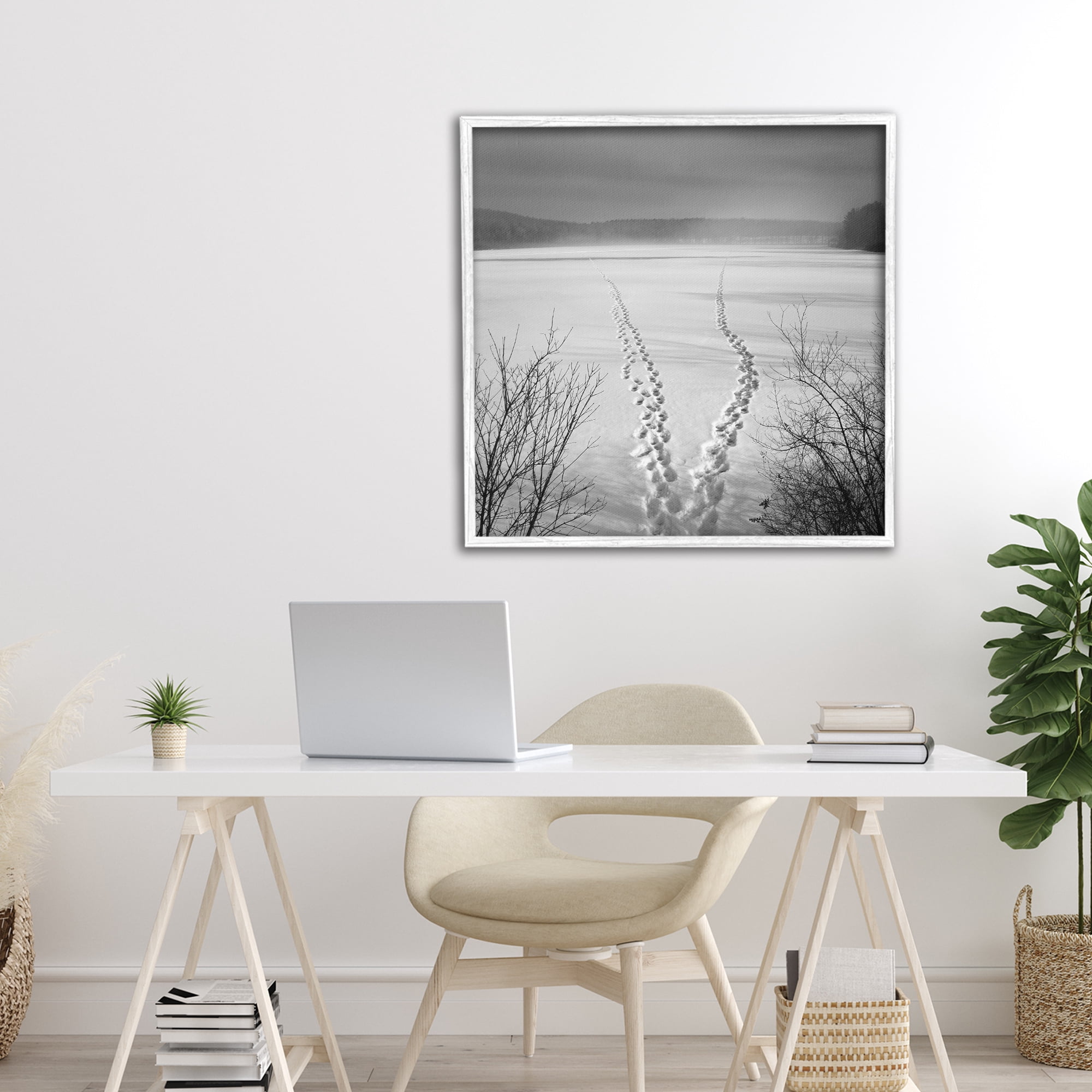 Stupell Industries Snowstep Tracks Across Frozen Lakes White Framed Giclee Art, design by Chip Forelli