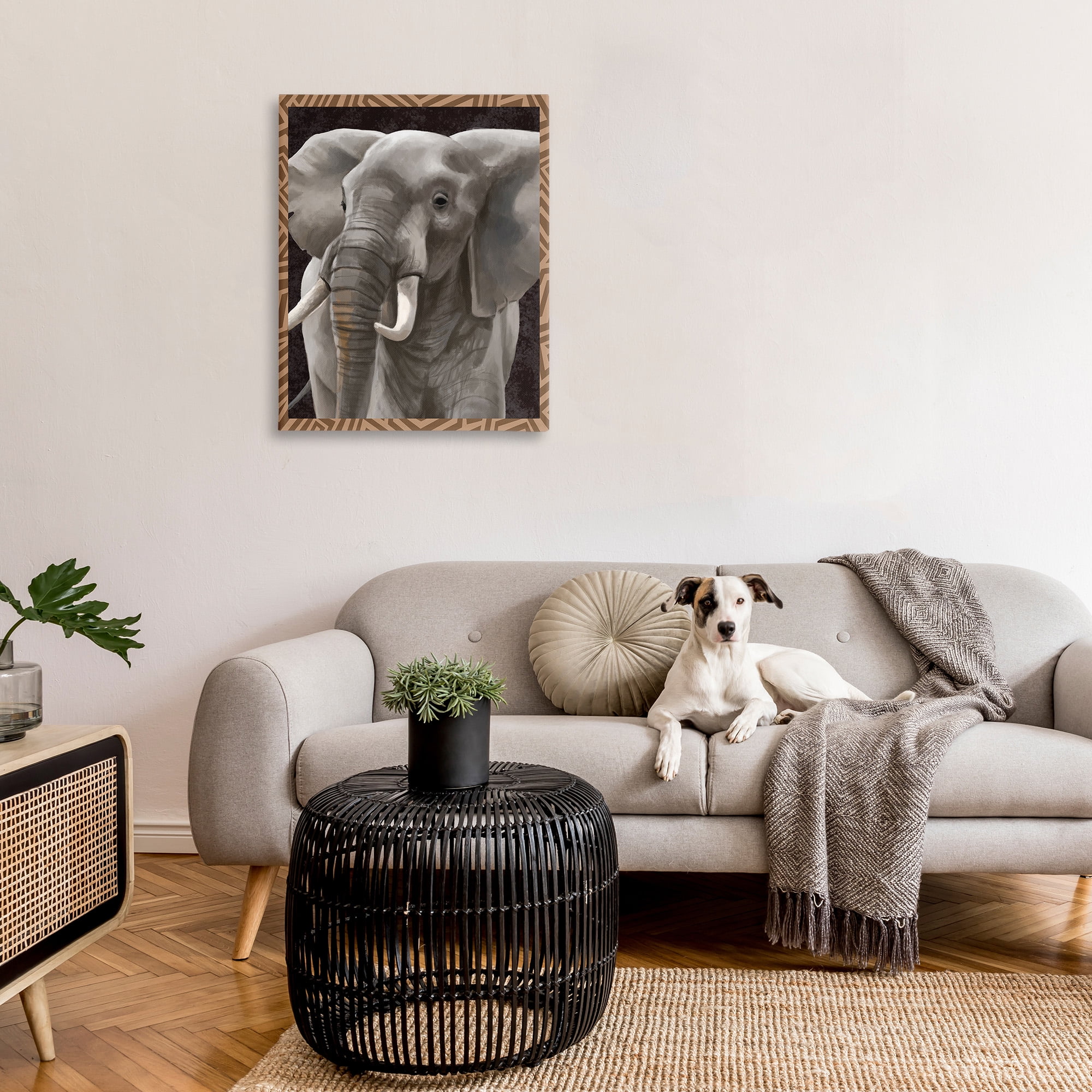 Stupell Industries Elephant with Geometric Border Animals & Insects Painting Gallery Wrapped Canvas Art Print Wall Art, 30 x 40