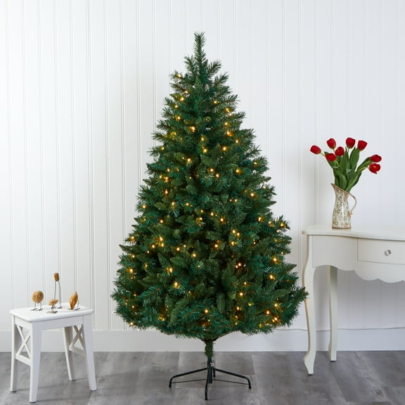 Nearly Natural Clear Prelit LED Green Decorated Pine Christmas Tree, 6'