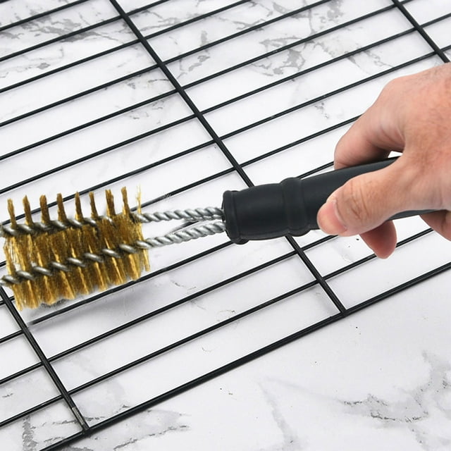 Fiudx Cepillo de Limpieza para Barbacoa, Diseño de Alambre de Cobre de Doble Cabeza, Cerdas de Acero Inoxidable, Herramienta Multiusos para Parrillas, Hornos, Malla para Barbacoa, Mango con Orificio