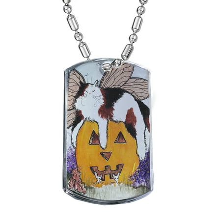 KuzmarK Silver Chrome Pendant Dog Tag Necklace - Calico Maine Coon Kitty Fairy with Jack O'Lantern and Mice Halloween Cat Art by Denise Every Chrome Dog Tag
