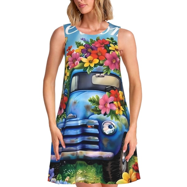Easygdp Floral Truck Welcome para Vestido Transpirable de Mujer, Vestido Suelto de Manga Corta con Pliegues y Bolsillos para el Verano