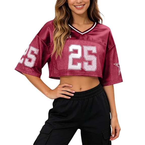 CONZONE Womens Summer Sports T-Shirts Short Sleeve Cropped Tops for Women Casual V Neck Number 25 Graphic Y2K Lightweight Tees Soft Cozy Dailywear