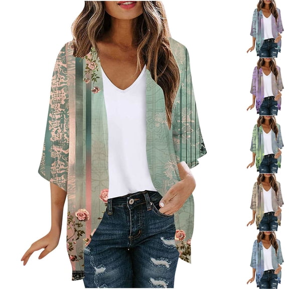 Yievot Cardigans for Women Floral Print Open Front 3/4 Sleeve Cardigan Lightweight Breathable Vacation Tops