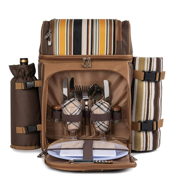Picnic Backpack for 2 with Cooler, Detachable Wine Holder, Fleece Blanket & Utensils, Brown