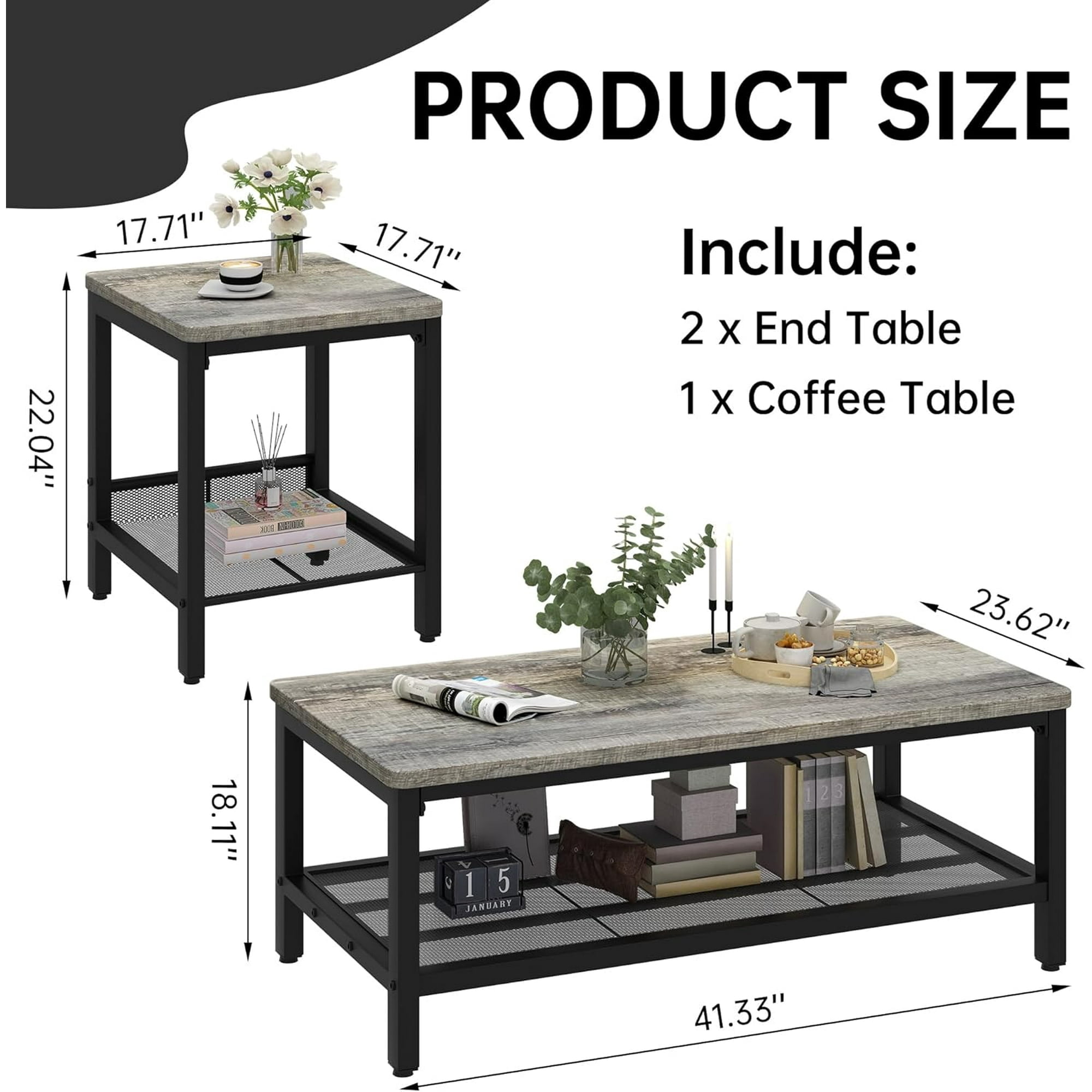 Lamerge Coffee Table Set of 3, Industrial Coffee Table with 2 Square End Side Tables, Modern Living Room Table Set with Metal Frame for Apartment Home Office, Grey
