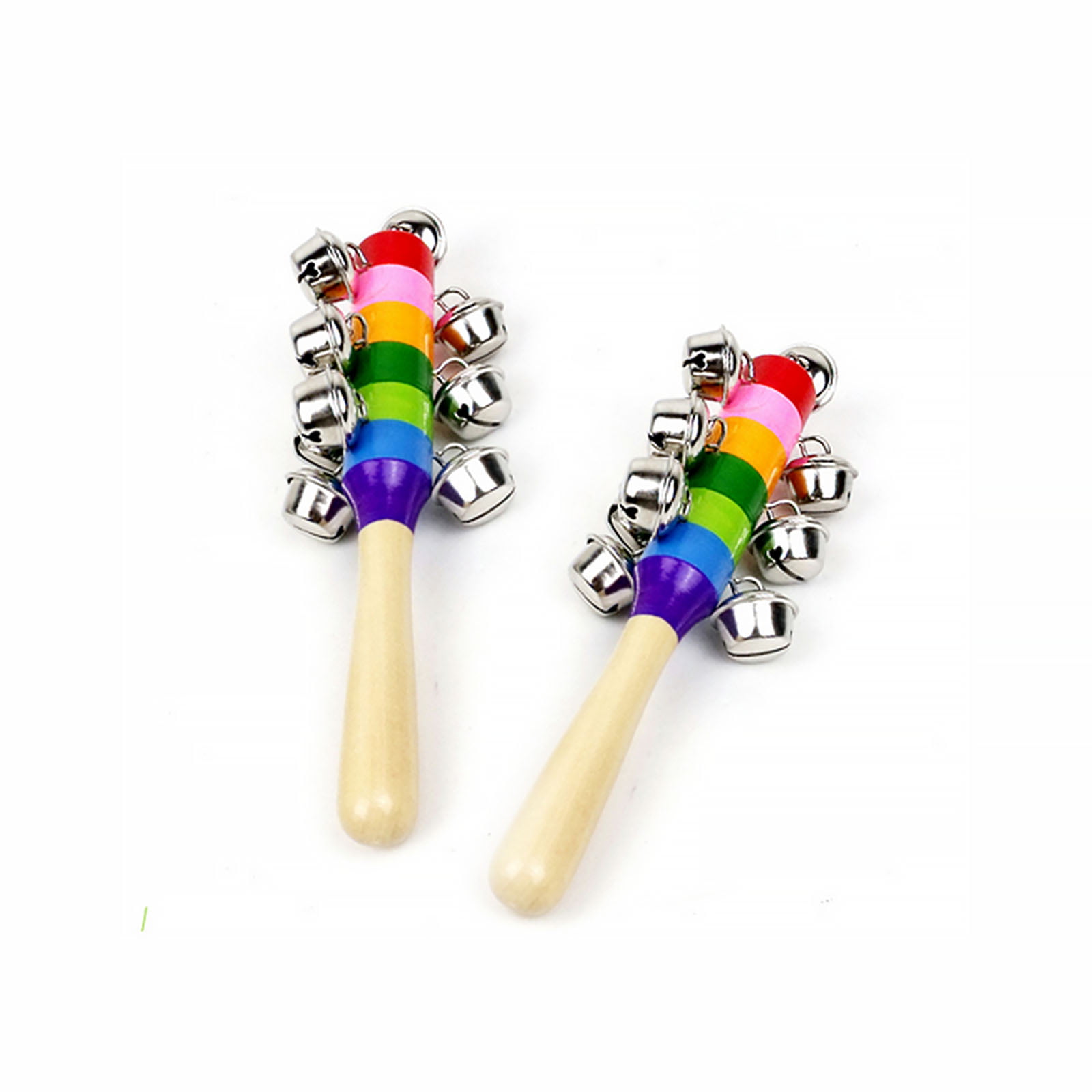 6*Baby Kids Rainbow Wooden Handle Bell Jingle Stick Shaker Rattle Toys Xmas UK 