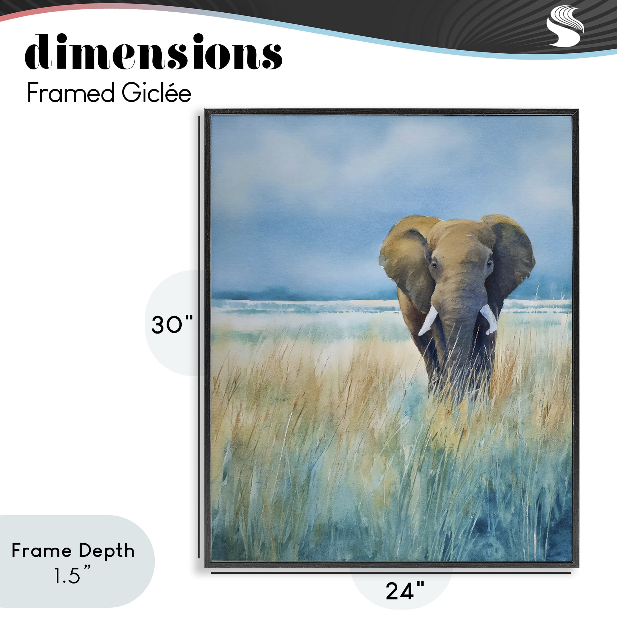 Stupell Industries Blue Grass Elephant Black Framed Giclee Art, design by Franklyn Gregory