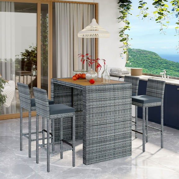 Euroco 5-pieces Outdoor Patio Wicker Bar Set, Bar Height Chairs with Removable Cushion, Acacia Wood Table Top, Gray