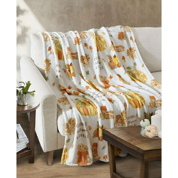 Celebrate Harvest Gobble Wobble Dog Print Throw Blanket, Multicolor, Standard Throw