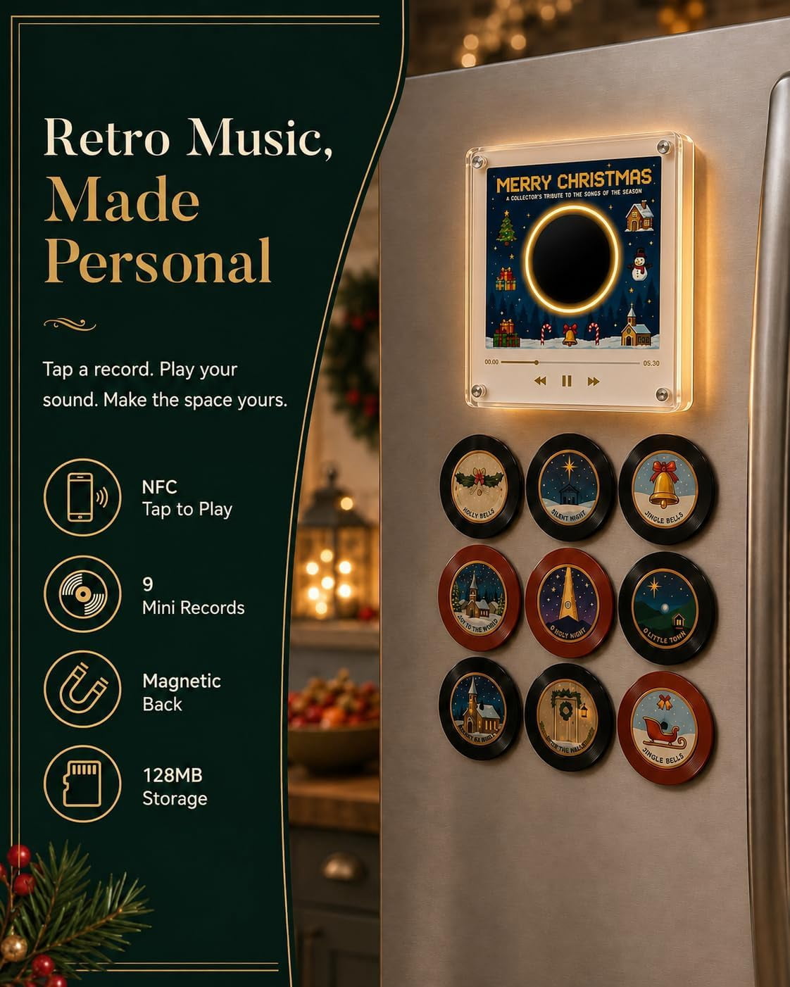 NovaSyrma Magnetic Fridge Vinyl Music Box Christmas, Magnetic Vinyl Player for Fridge, with 9 Vinyl Style Discs and USB C,  Festive Compact Accessory for Kitchen Office Bedroom