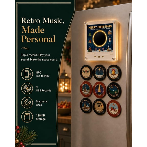 Christmas Magnetic Fridge Music Player, Programmable NFC Vinyl Music Box with LED Light, 9 Mini Records