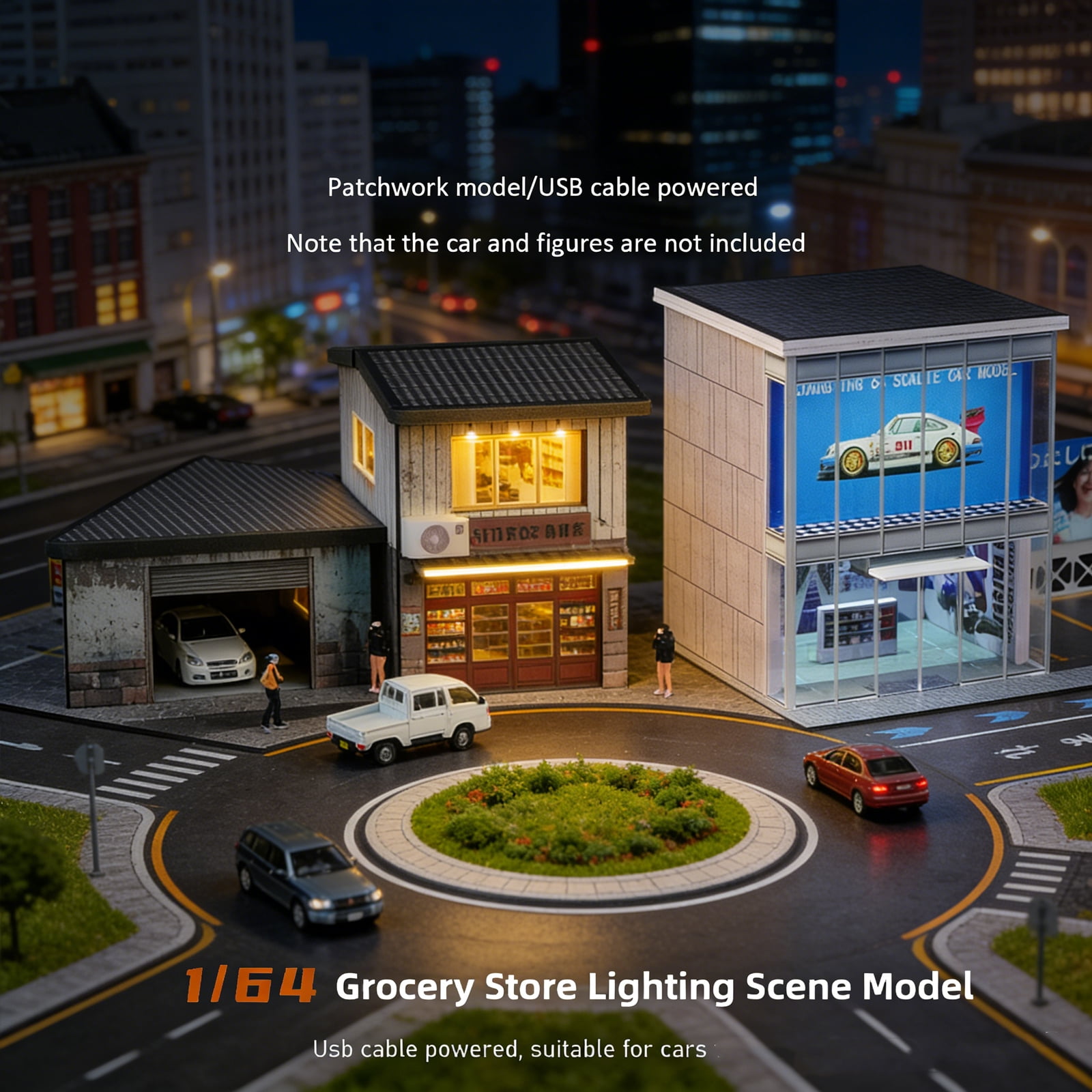 Diorama 1/64 Scale Car Garage Model with LED Light, City Street Japanese Parking Lot Building Scene Display Model, Diecast Car Display Case, Convenience Store Building Model Gifts