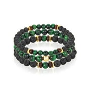 Coastal Jewelry Men's Green Tiger's Eye Stone with Gold Plated Hematite, Lava and Wood Beaded Stretch Bracelet Set of 3
