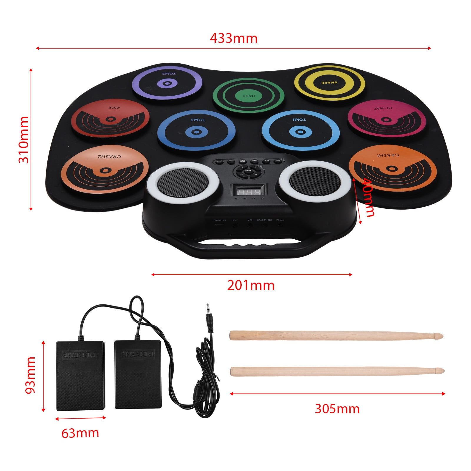 Portable Electric Drum Set - 9 Pads, Built-in Speaker, LED Display with Colored Lights - Includes 2 Drum Sticks, 2 Foot Pedals - USB or Battery Powered - Perfect Holiday or Birthday Gift - Enjoy the J