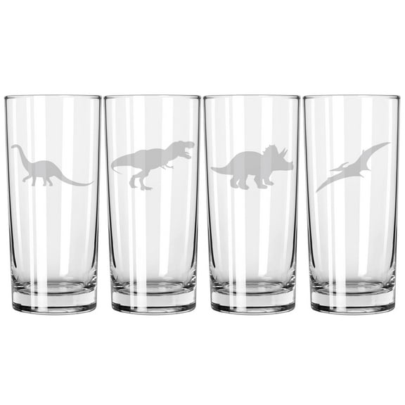 Set of 4 Highball 15 oz Tall Beverage Drinking Glass Tumbler Gift Dinosaur Collection